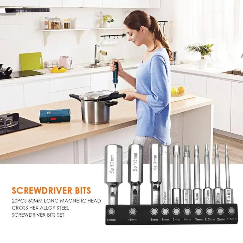 20pcs 60mm Long Magnetic Head Cross Hex Alloy Steel Screwdriver Bits Set