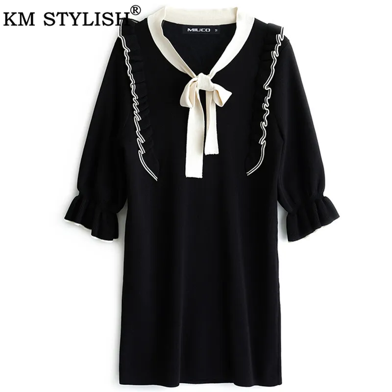 Black Vestidos Для Женщин, вязаное платье, осень, новое французское винтажное зеленое Черное Красное платье с бантом и деревянными ушками, платье с расклешенными рукавами - Color: Black
