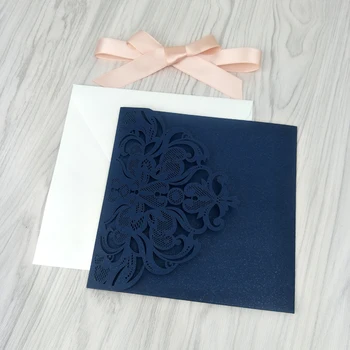

Navy Blue Floral Lace Wedding Invitation with RSVP and Envelope and Ribbon Personalized Printing Laser Cut Invites for Marriage