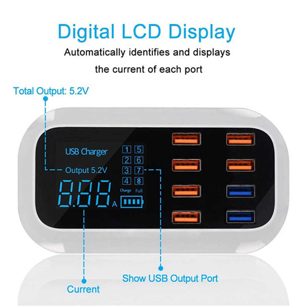 USB зарядное устройство Быстрая зарядка 8 usb портов концентратор цифровой ЖК-дисплей Быстрый Телефон Зарядное устройство Док-станция адаптер для iPhone US EU UK Plug