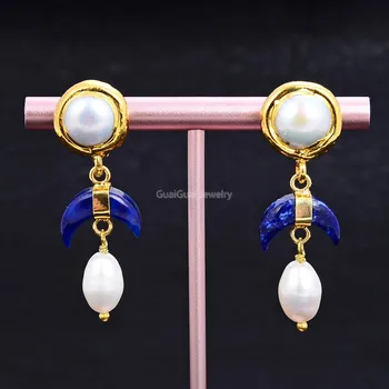 

GuaiGuai Jewelry White Pearl Natural Blue Lapis Crescent Moon Stud Earrings