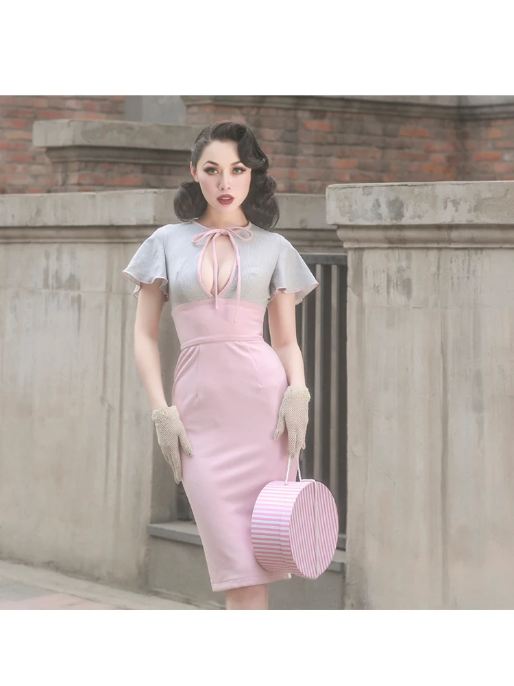 Le дворца Винтаж ретро элегантный розовый клетчатый контраст обтягивающее платье пикантные эластичные сапоги до колена Длина вечерние платья