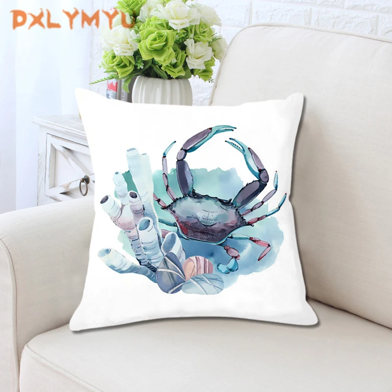 

White Cushion Cover Watercolor Coral Crab Seahorse Lighthouse Printed Pillowcase Throw Pillow Case Soft Cushion for Sofa