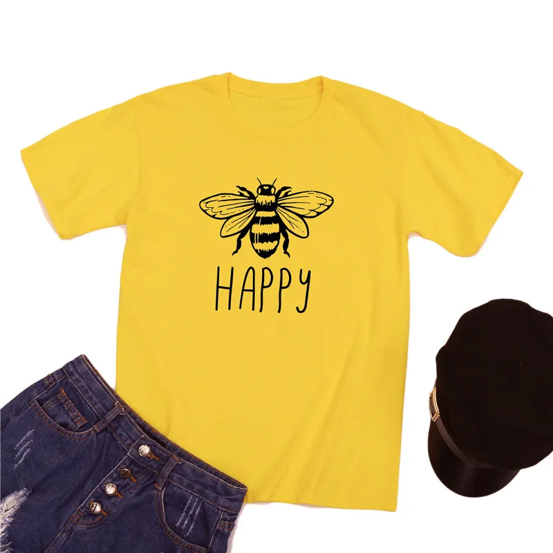 Женская футболка с надписью Happy Bee, хлопок, Повседневная футболка с коротким рукавом, осень, базовая футболка с круглым вырезом, женская одежда - Цвет: Цвет: желтый