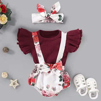 

3-6M Baby Girl Clothes Infant Ruffles Solid Fly Sleeve Tops+Floral Suspender Shorts+Headband Outfits bebes 2020 Hot Sales