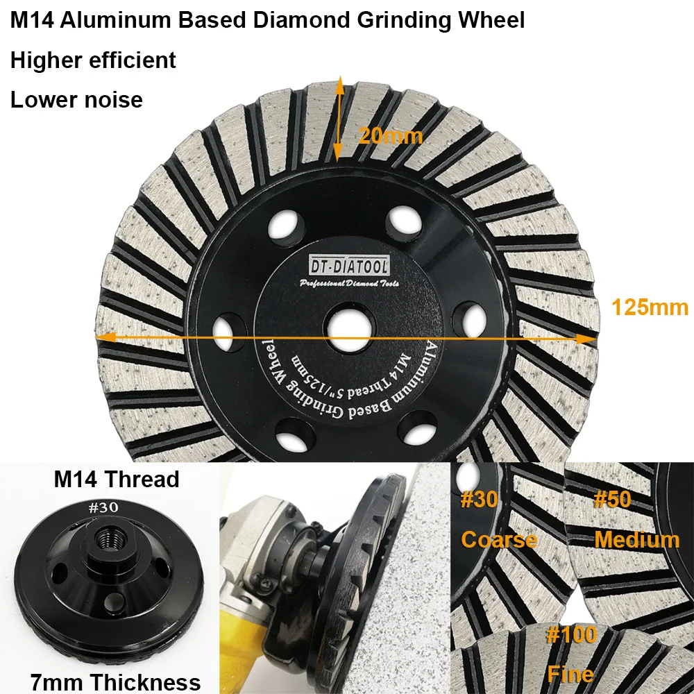 DT-DIATOOL 2pcs M14 Dia 125mm/5inch Grit#100 Aluminum Based Diamond Grinding Cup Wheel Fine Grinding Disc For Granite Marble