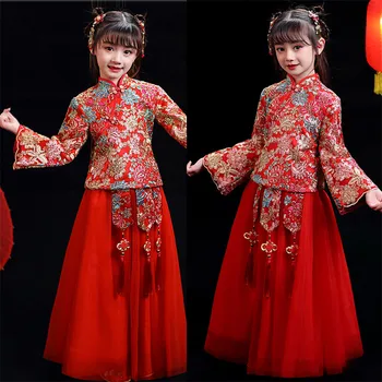 

Children Girls Luxury Chinese Style Embroidery Flowers New Year Festivals Qipao Hanfu Dress Kids Teens Sweet Autumn Dress Wear