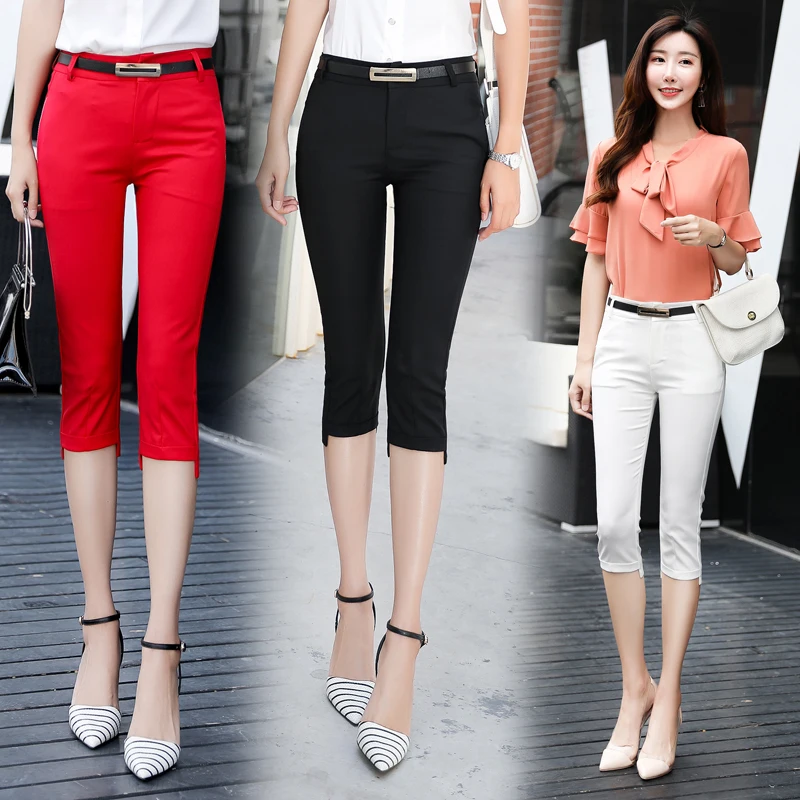 

Summer Pencil Pants 2020 Bodycon Mid-calf Women Belted Trousers Capri High Waisted Slim Fitness Lady Leggings Pantalon Femme