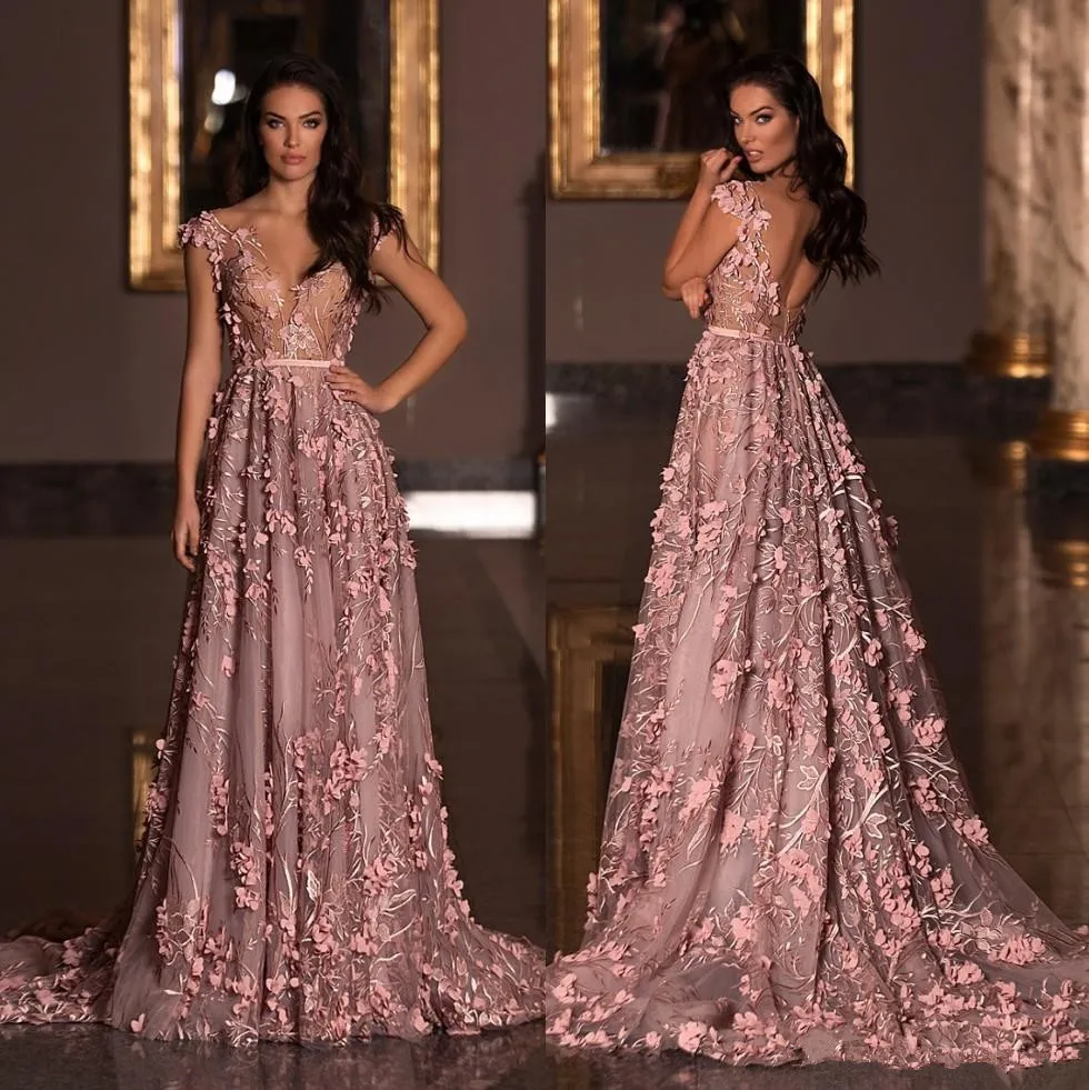 

2020 Hot Sale Prom Dress V Neck 3D Appliqued Formal Dress Plus Size Sweep Train Tulle Evening Gowns