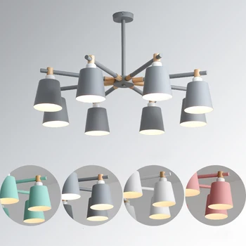 

Nordic Deco Chandelier For Living Room Bedroom Dining Room Green/Gray/Pink/White Iron Wood Lamp Chandelier E27 Lighting Fixtures