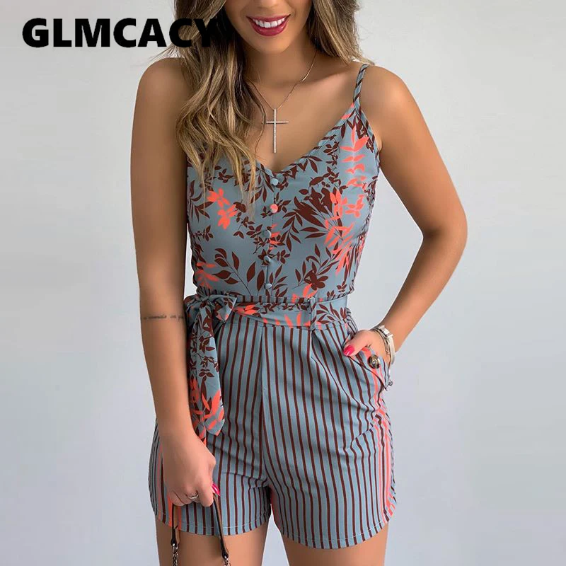Women Tropical Print Knotted Design Romper Playsuits Sleeveless Casual Summer Holiday Beach Jumpsuits One Piece Rompers Monos Women Tropical Print Knotted Design Romper Playsuits Sleeveless Casual Summer Holiday Beach Jumpsuits One Piece Rompers Monos