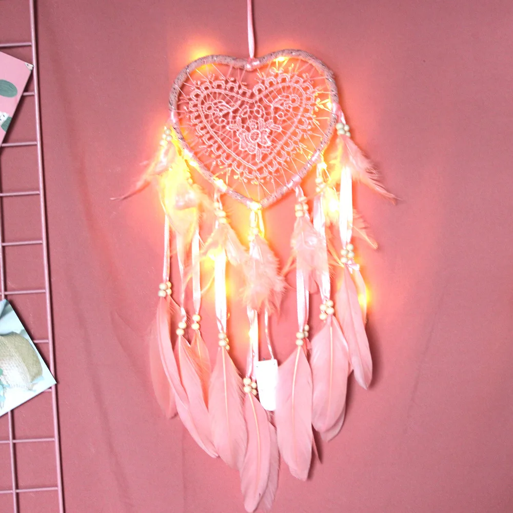 Модный Ловец снов, светодиодный Ночной светильник ручной работы с перьями в виде сердца, Настенный декор