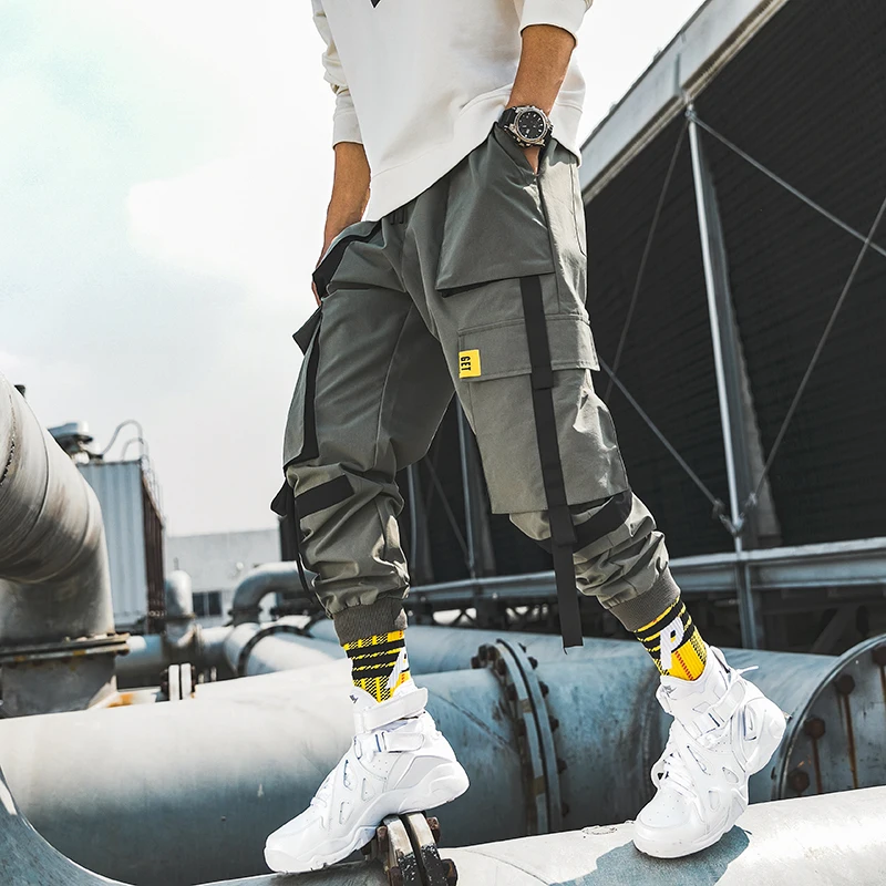 

Men Ribbons Color Block Black Pocket Cargo Pants 2019 Harem Joggers Harajuku Sweatpant Hip Hop Trousers