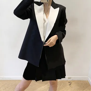 

Women's Blazer Contrast Color Long Sleeve Autumn Winter Double Breasted Black Office Lady Suit Coat New Fashion