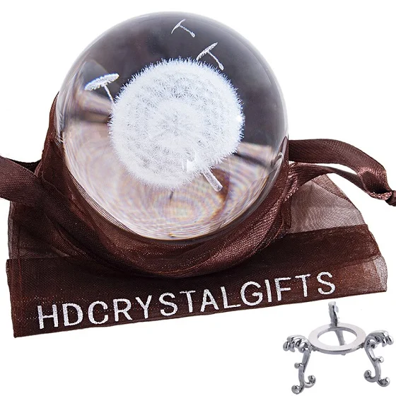 H& D 60 мм 3D лазерная гравировка Одуванчик хрустальный шар с базой фэн шуй цветок Глобус фигурки украшения дома аксессуары Подарки - Цвет: With Metal Base