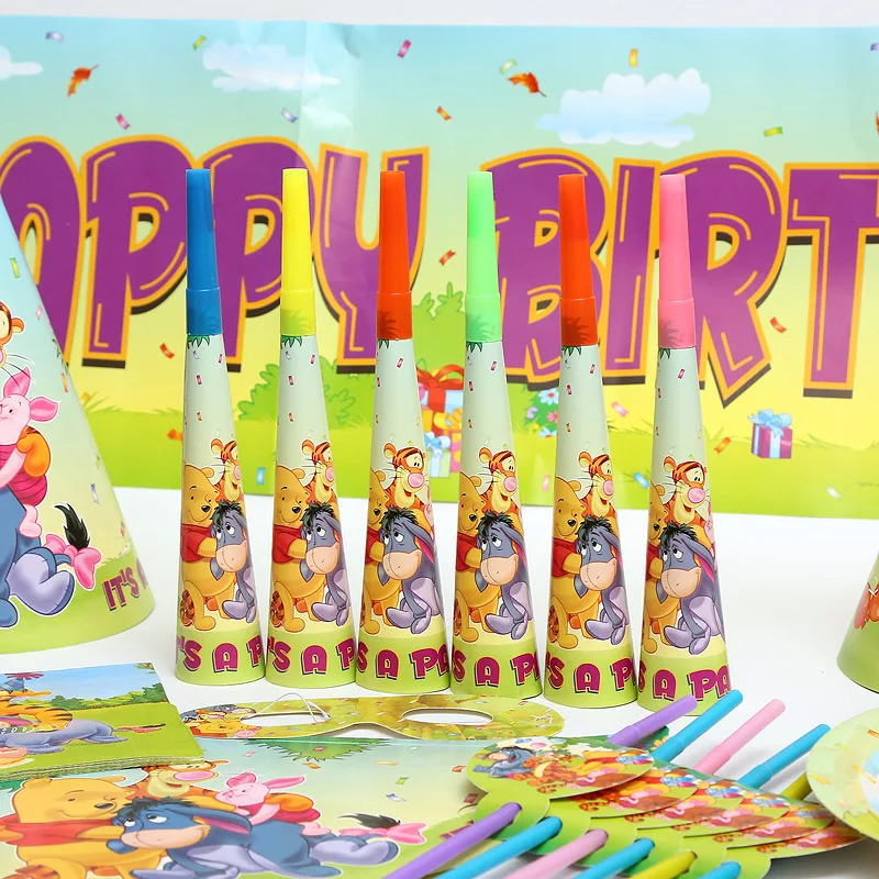 Disney Pooh Children's Birthday Party Supplies Party Tableware Set Paper Towel Tablecloth Paper Plate Knife Fork Spoon Set