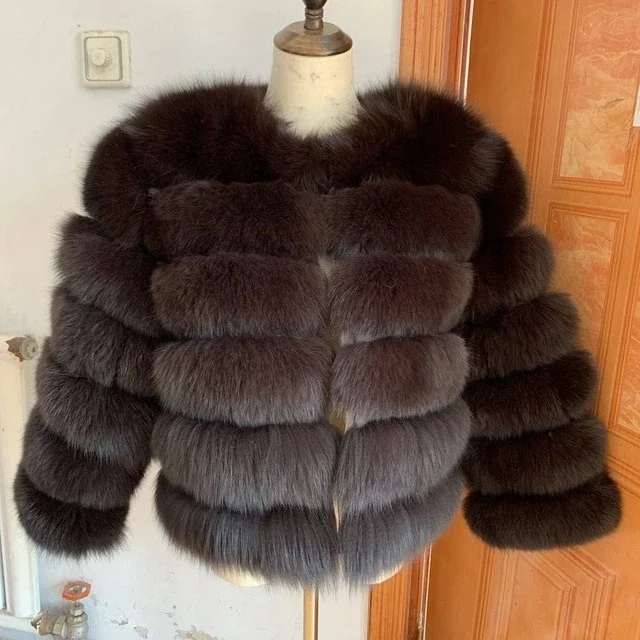 50cm coffe 2 Женская теплая шуба из натурального Лисьего меха, короткая тонкая зимняя куртка из натурального меха, модная верхняя одежда, роскошное пальто из натурального Лисьего меха для девочек, FC-034 - Цвет: 50cm coffe 2