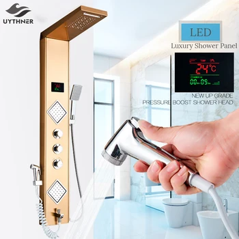 

Uythner Luxury Gold/Black Bathroom Shower Faucet LED Shower Panel Column Bathtub Mixer Tap W/Hand Shower Temperature Screen