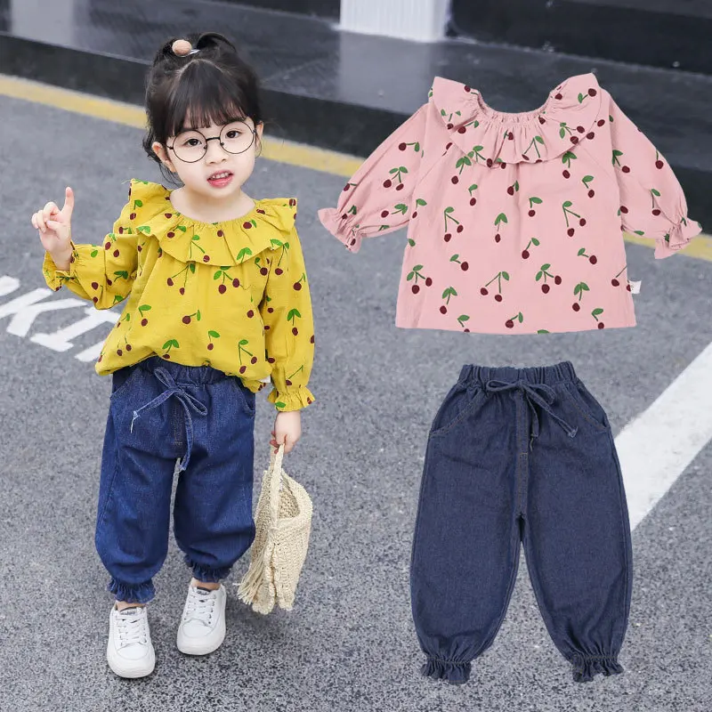 

Girls Fashion Western Style Children Long-sleeve Suit Spring And Autumn New Style Cherry Long-sleeve Suit CHILDREN'S Suit Baby G