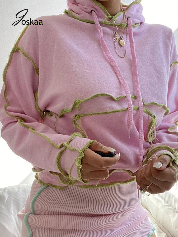 

Joskaa Y2k Women Hooded Patchwork Sweaters 2020 Autumn Winter Vintage Long Sleeve Loose Drawstring Sweatshirts Casual Streetwear