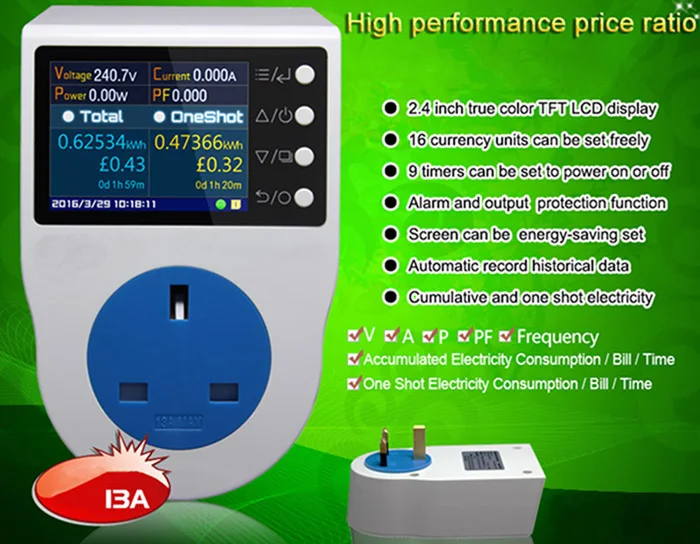 

UK 13A Power Metering Socekt/ Kwh Meter/ 0.1~3250w/Watt Meter/Power Recorder/Automatic Record Historical Data