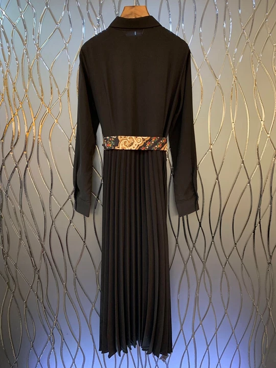 winter new women waist strap splice crimping print dress hem 1004