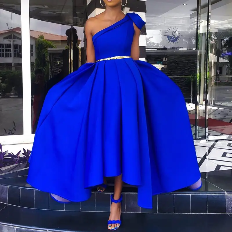 

Elegant Blue One Shoulder Floor Length Party Dress Evening Plus Size Sexy Sleeveless Pleated A Line Women Long Maxi Dress 2019