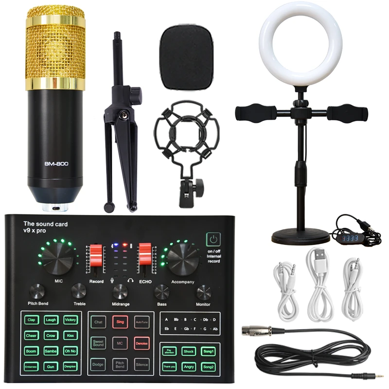 BM 800 Condenser Microphone Sound Card V9XPRO with Ring Fill Light Cantilever Bracket Bluetooth Wireless Live Streaming Kit MIC 