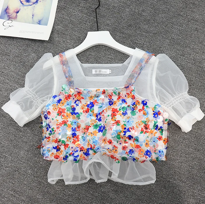 

Fairy Organza Top + Printed Sequined Cami Shirt Twopiece Girls Ladies Streetwear Harajuku Blouse Cropped Blouses Blusas