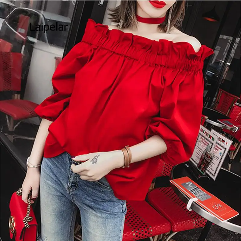 Off Shoulder Tops 2021 Summer Fashion Casual Slash Neck White Black Red Lantern Sleeve Loose Ruffle Blouses Women