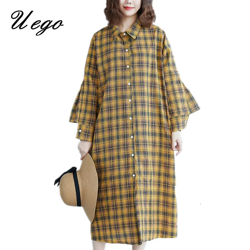 

Uego 2019 New Arrival Soft Cotton Autumn Winter Casual Blouse Shirts Fashion Plaid Preppy Style Long Blouses Loose Women Blusas