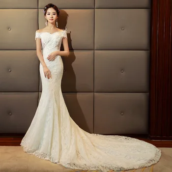 

Wedding Mermaid Dress 2020 Mrs Win Elegant Boat Neck Court Train Lace Up Princess Luxury Lace Wedding Dress Customize