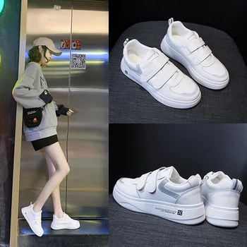 

CINESSD PU Casual Shoes Women Sneakers White Hook Loop Flat Chunky Sneakers Women Shoes 2020 Spring Fashion Ladies Sneaker New