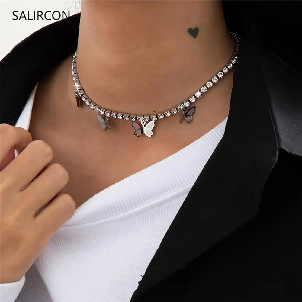 Salircon Kpop Стразы Бабочка Подвески Колье чокер эстетическое из нержавеющей стали