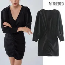 Увядшее платье для женщин vestidos, английский стиль, винтажное плиссированное платье с v-образным вырезом и рукавом-фонариком, vestidos de fiesta de noche, мини-платье, блейзеры