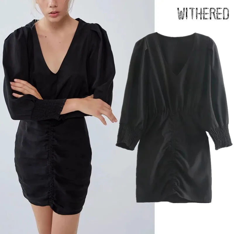 

Withered autumn dress women vestidos england style vintage pleated v-neck lantern sleeve vestidos de fiesta de noche mini dress