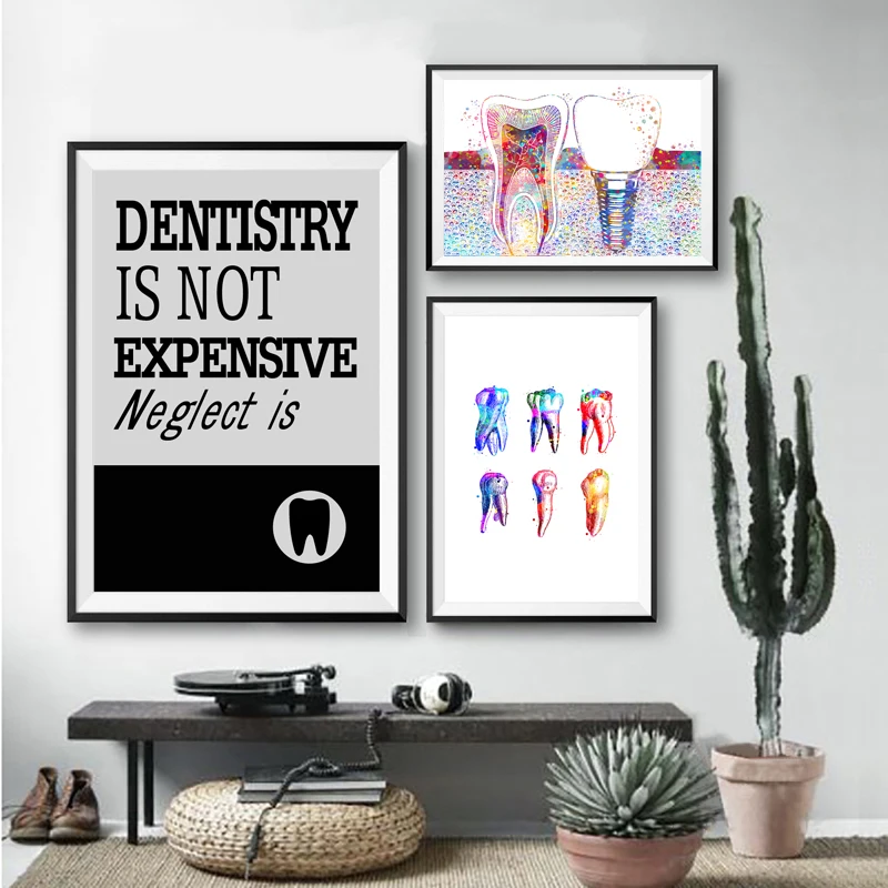 Dental Art Picture Tooth Implant Canvas Print Watercolor Flower Dentist