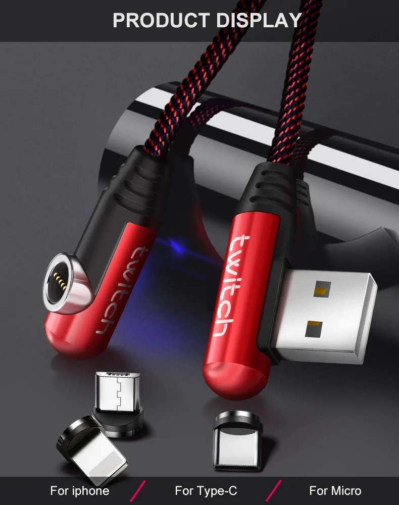 Магнитный кабель Twitch 90 градусов, 2 м, 1 м, Micro usb кабель, usb type c, 3A, шнур для быстрой зарядки для iPhone, samsung, USB C, магнитное зарядное устройство