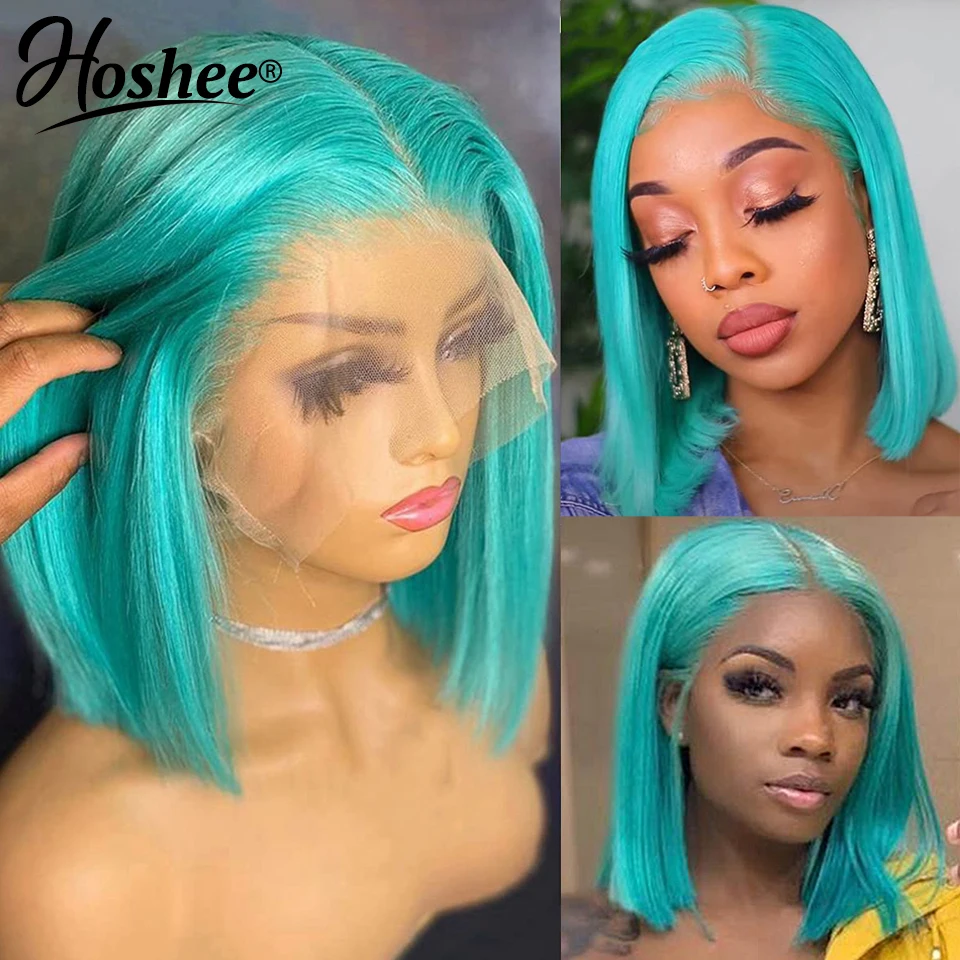 Cyan Green Bob Wig Lace Front Human Hair Wigs For Women HD Transparent