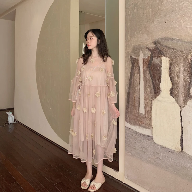 Ulzzang корейское милое модное богемное платье с цветочной аппликацией для отдыха Лето Элегантное макси свободное Сетчатое ТРАПЕЦИЕВИДНОЕ ПЛАТЬЕ Vestidos