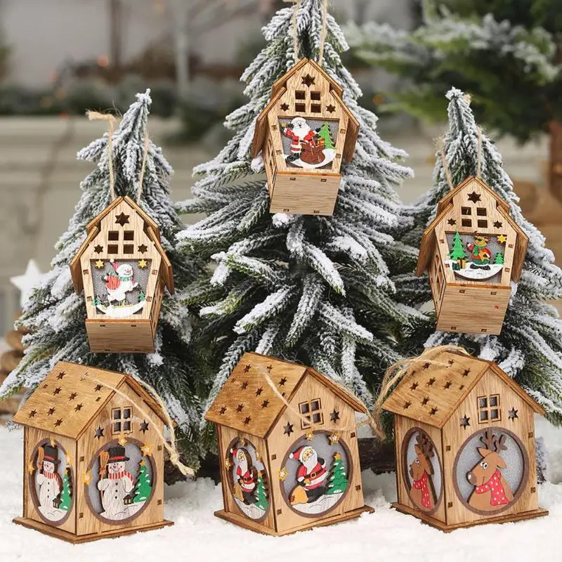 

Creative Wooden House Shaped Pendant Cartoon Doll Drop Ornament with Light Christmas Window Table Festival Decoration