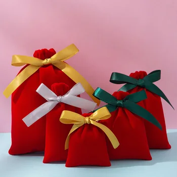

5pcs/lot Christmas Holidays Storage Velvet Bags High Quality Smooth Silk Drawstring Gift Pouches Birthday Fine Jewelry Packaging
