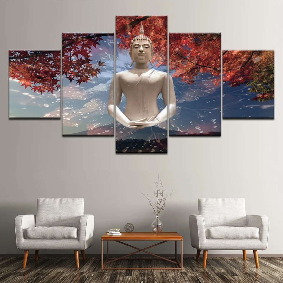 Painting Wall Art Pictures Canvas Modular Poster Frame 5 Panel Buddha Statue Maple Leaf Flower Landscape Home Decor HD Print | Дом и сад