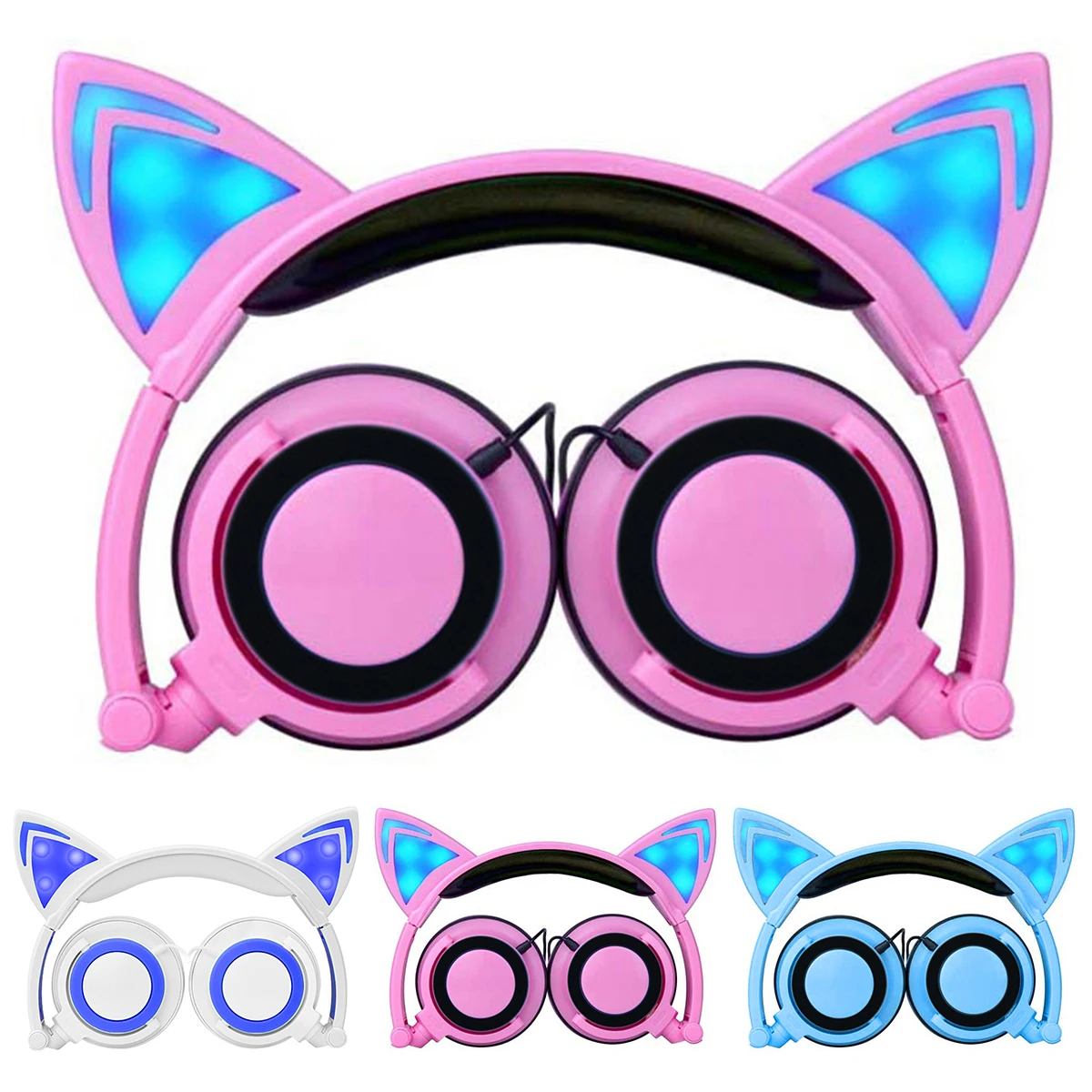 SOONHUA New 4 Color Cute Cat Ear Overhead Wired Headphone Folding Children Kids Headphone LED Light Earphone