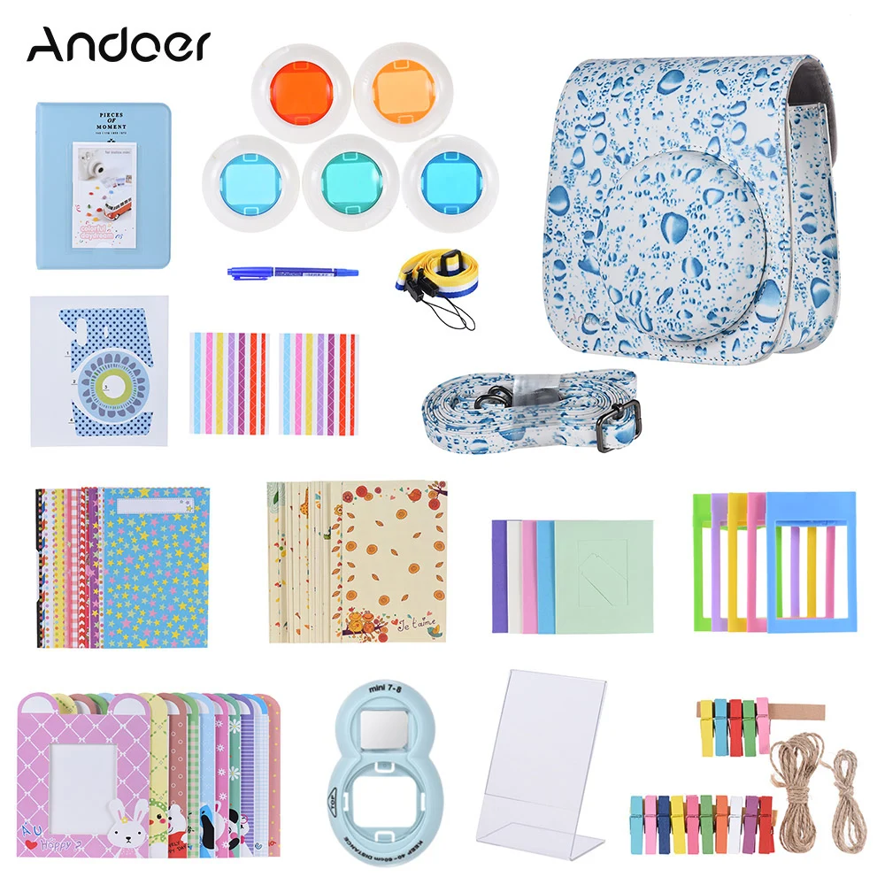 Andoer 14 в 1 Набор аксессуаров для Fujifilm Instax Mini 8/8+/8 s/9 с чехол для камеры/ремешок/Наклейка/селфи объектив/фильтр/альбом и т. Д - Цвет: Blue water droplets