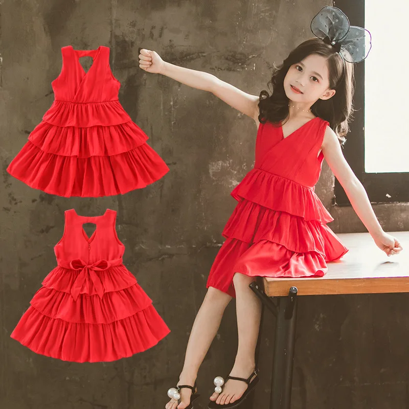 

Summer Girl Princess Dress 2019 New Children Sleeveless Layered Dresses Roupa Backless Bow Ruffles V Neck Party Vestido Costumes