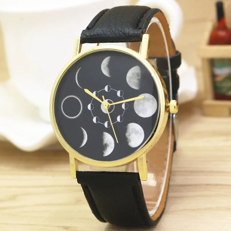 Часы-браслет Moon Phase для женщин, аналоговые кварцевые наручные часы Lunar Eclipse, креативные часы, женские часы - Цвет: Черный