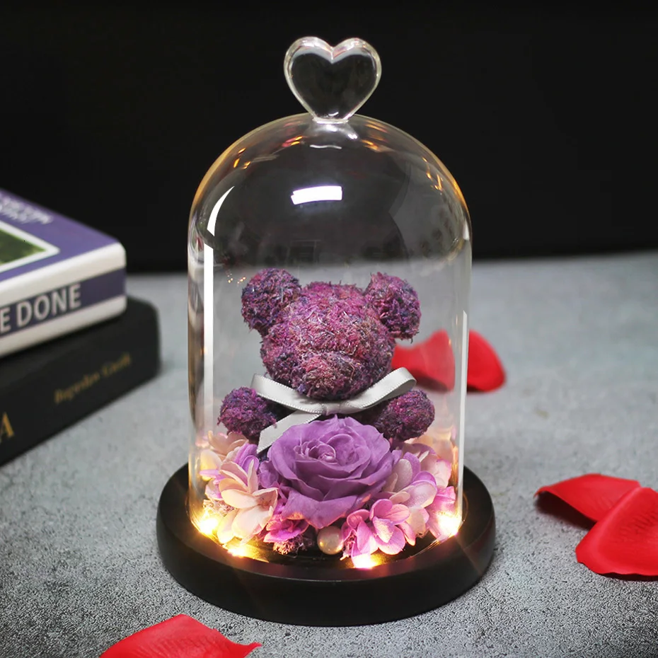 purple Вечные сохраненные свежими розой милый Мишка Тедди литье Светодиодный свет в колбе бессмертная Роза День Святого Валентина День матери Подарки - Цвет: purple