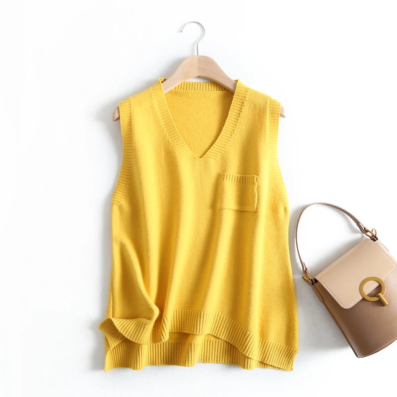 yellow AOEMQ, 5 цветов, жилеты без рукавов, Классический парк, оснастка, одежда для супермаркета, жилеты для бабушек, однотонный жилет с v-образным вырезом, женская одежда - Цвет: yellow