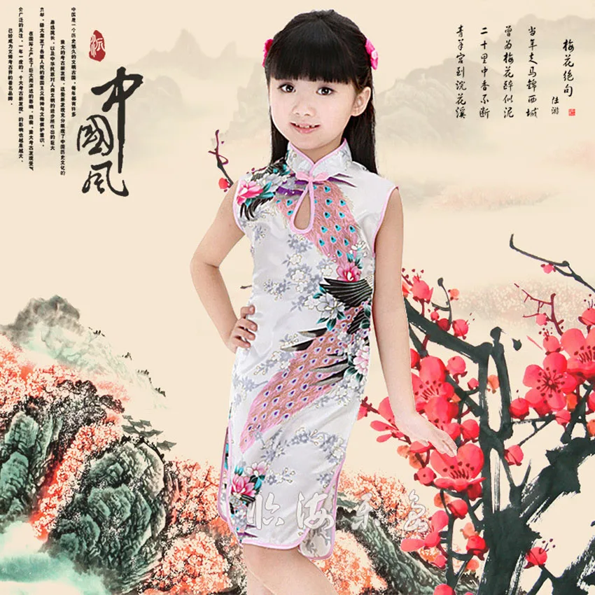 Детское платье-Чонсам для девочек; китайские традиционные костюмы; винтажный костюм; Vestido Tang; атласное платье-кимоно с разрезом павлина для девочек